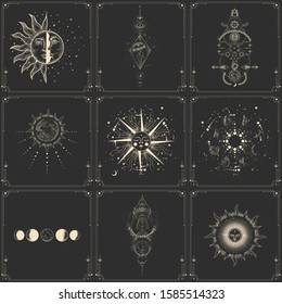 Vector illustration set of moon phases. Different stages of moonlight activity in vintage engraving style. Zodiac Signs