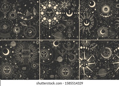 Vector illustration set of moon phases. Different stages of moonlight activity in vintage engraving style. Zodiac Signs