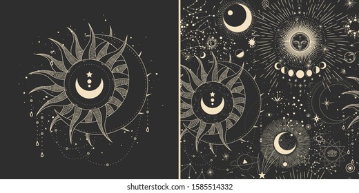 Vector illustration set of moon phases. Different stages of moonlight activity in vintage engraving style. Zodiac Signs