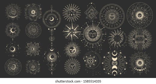 Vector illustration set of moon phases. Different stages of moonlight activity in vintage engraving style. Zodiac Signs