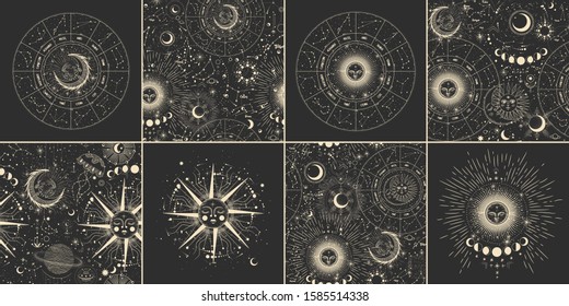 Vector illustration set of moon phases. Different stages of moonlight activity in vintage engraving style. Zodiac Signs