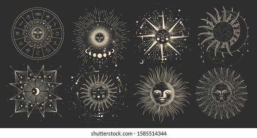 Vector illustration set of moon phases. Different stages of moonlight activity in vintage engraving style. Zodiac Signs