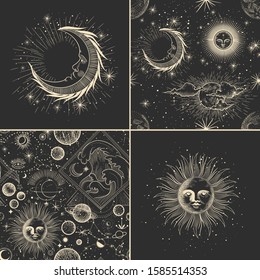 Vector illustration set of moon phases. Different stages of moonlight activity in vintage engraving style. Zodiac Signs