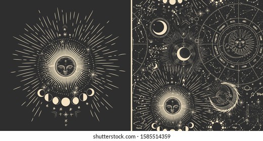 Vector illustration set of moon phases. Different stages of moonlight activity in vintage engraving style. Zodiac Signs