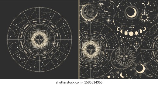 Vector illustration set of moon phases. Different stages of moonlight activity in vintage engraving style. Zodiac Signs