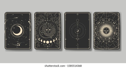 Vector illustration set of moon phases. Different stages of moonlight activity in vintage engraving style. Zodiac Signs