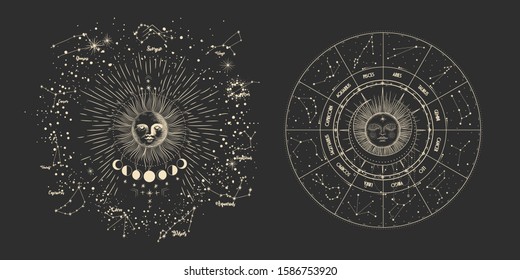 Vector illustration set of moon phases. Different stages of moonlight activity in vintage engraving style. Zodiac Signs