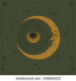 Vector illustration set of moon phases. Different stages of moonlight activity in vintage engraving style. Zodiac Signs