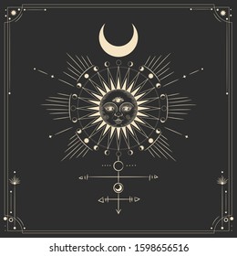 Vector illustration set of moon phases. Different stages of moonlight activity in vintage engraving style. Zodiac Signs