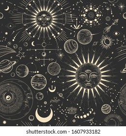 Vector illustration set of moon phases. Different stages of moonlight activity in vintage engraving style. Zodiac Signs