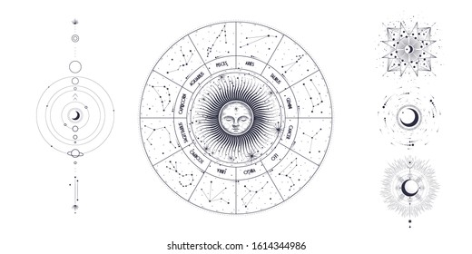 Vector illustration set of moon phases. Different stages of moonlight activity in vintage engraving style. Zodiac Signs