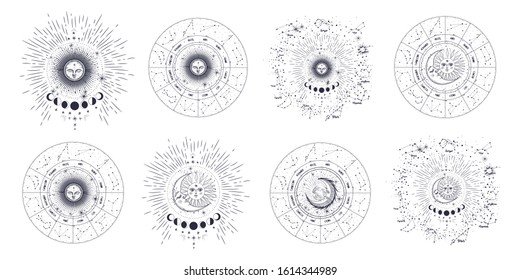 Vector illustration set of moon phases. Different stages of moonlight activity in vintage engraving style. Zodiac Signs