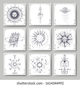 Vector illustration set of moon phases. Different stages of moonlight activity in vintage engraving style. Zodiac Signs