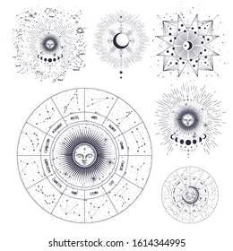 Vector illustration set of moon phases. Different stages of moonlight activity in vintage engraving style. Zodiac Signs