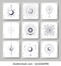 Vector illustration set of moon phases. Different stages of moonlight activity in vintage engraving style. Zodiac Signs