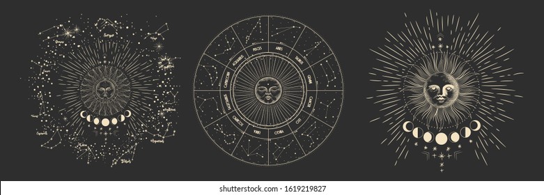 Vector illustration set of moon phases. Different stages of moonlight activity in vintage engraving style. Zodiac Signs