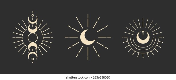 Vector illustration set of moon phases. Different stages of moonlight activity in vintage engraving style. Zodiac Signs