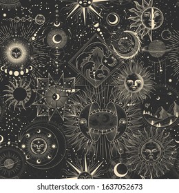 Vector illustration set of moon phases. Different stages of moonlight activity in vintage engraving style. Zodiac Signs