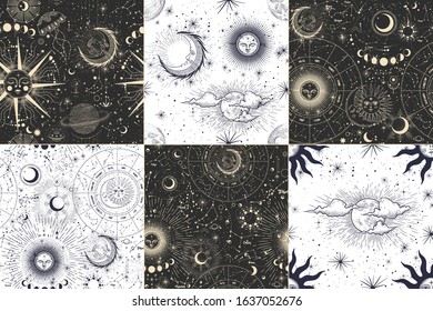 Vector illustration set of moon phases. Different stages of moonlight activity in vintage engraving style. Zodiac Signs