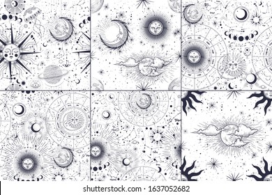 Vector illustration set of moon phases. Different stages of moonlight activity in vintage engraving style. Zodiac Signs