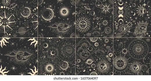 Vector illustration set of moon phases. Different stages of moonlight activity in vintage engraving style. Zodiac Signs