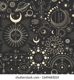 Vector illustration set of moon phases. Different stages of moonlight activity in vintage engraving style. Zodiac Signs