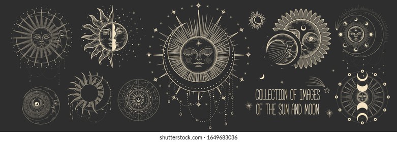 Vector illustration set of moon phases. Different stages of moonlight activity in vintage engraving style. Zodiac Signs