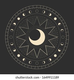 Vector illustration set of moon phases. Different stages of moonlight activity in vintage engraving style. Zodiac Signs