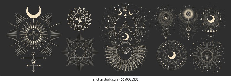 Vector illustration set of moon phases. Different stages of moonlight activity in vintage engraving style. Zodiac Signs