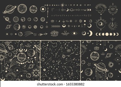 Vector illustration set of moon phases. Different stages of moonlight activity in vintage engraving style. Zodiac Signs