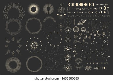 Vector illustration set of moon phases. Different stages of moonlight activity in vintage engraving style. Zodiac Signs