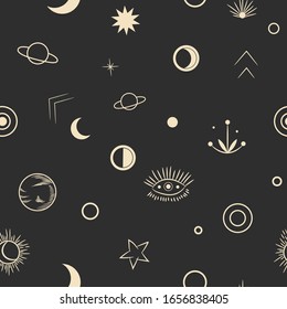 Vector illustration set of moon phases. Different stages of moonlight activity in vintage engraving style. Zodiac Signs