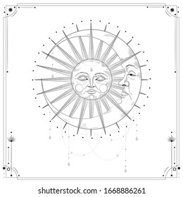 Vector illustration set of moon phases. Different stages of moonlight activity in vintage engraving style. Zodiac Signs