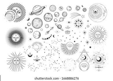 Conjunto de ilustraciones vectoriales de fases lunares. Diferentes etapas de actividad lunar en estilo de grabado vintage. Signos de Zodiaco