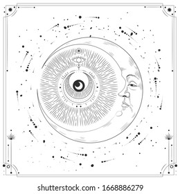 Vector illustration set of moon phases. Different stages of moonlight activity in vintage engraving style. Zodiac Signs