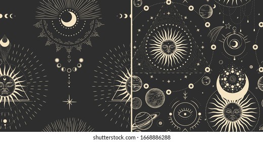 Vector illustration set of moon phases. Different stages of moonlight activity in vintage engraving style. Zodiac Signs