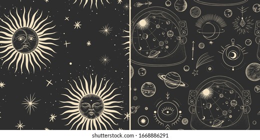 Vector illustration set of moon phases. Different stages of moonlight activity in vintage engraving style. Zodiac Signs