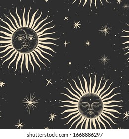 Vector illustration set of moon phases. Different stages of moonlight activity in vintage engraving style. Zodiac Signs