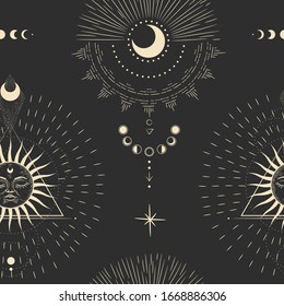 Vector illustration set of moon phases. Different stages of moonlight activity in vintage engraving style. Zodiac Signs