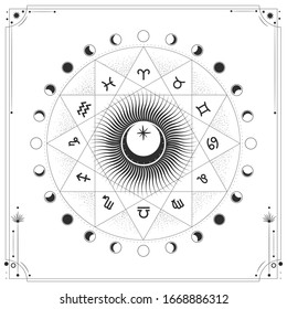 Vector illustration set of moon phases. Different stages of moonlight activity in vintage engraving style. Zodiac Signs