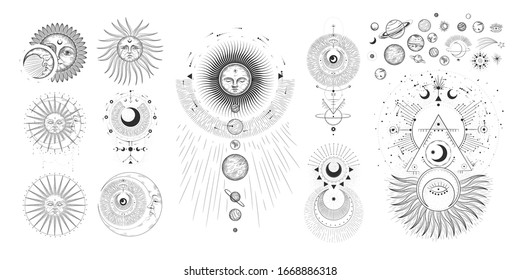 Vector illustration set of moon phases. Different stages of moonlight activity in vintage engraving style. Zodiac Signs