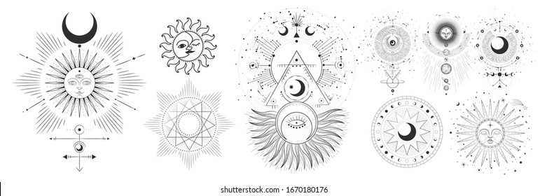 Vector illustration set of moon phases. Different stages of moonlight activity in vintage engraving style. Zodiac Signs