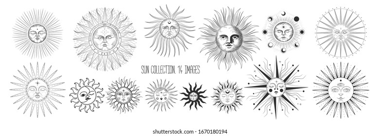 Vector illustration set of moon phases. Different stages of moonlight activity in vintage engraving style. Zodiac Signs