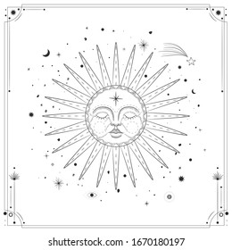 Vector illustration set of moon phases. Different stages of moonlight activity in vintage engraving style. Zodiac Signs
