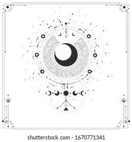 Vector illustration set of moon phases. Different stages of moonlight activity in vintage engraving style. Zodiac Signs
