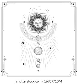 Vector illustration set of moon phases. Different stages of moonlight activity in vintage engraving style. Zodiac Signs