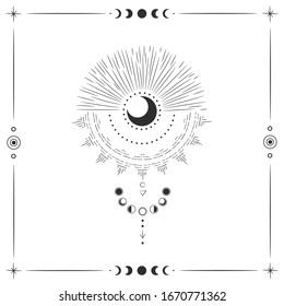 Vector illustration set of moon phases. Different stages of moonlight activity in vintage engraving style. Zodiac Signs