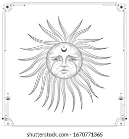Vector illustration set of moon phases. Different stages of moonlight activity in vintage engraving style. Zodiac Signs