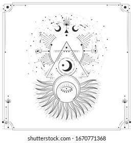 Vector illustration set of moon phases. Different stages of moonlight activity in vintage engraving style. Zodiac Signs