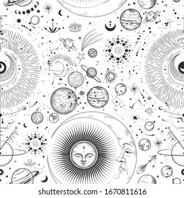 Vector illustration set of moon phases. Different stages of moonlight activity in vintage engraving style. Zodiac Signs